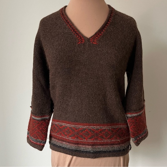 MaxMara Maglia Brown Wool Alpaca Pattern Striped VNeck Knit 3/4 Sleeve Sweater S - Picture 1 of 7